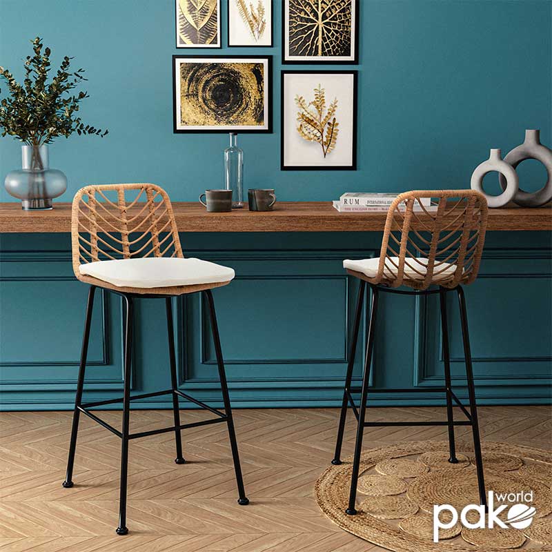 Σκαμπό μπαρ Naoki pakoworld pe rattan φυσικό-μαύρο πόδι 45x56x108εκ pakoworld