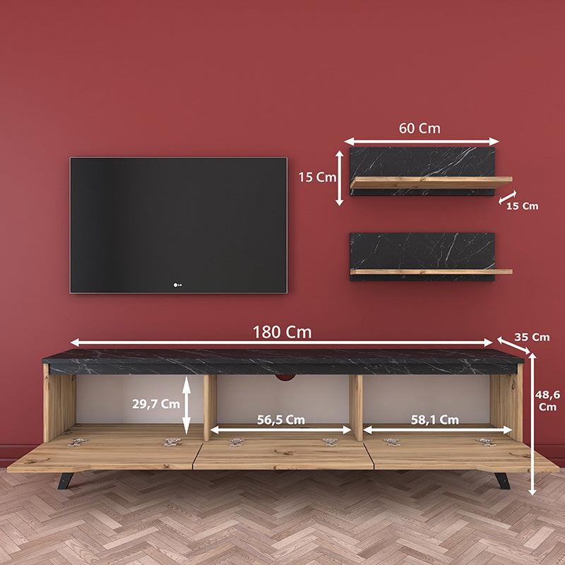 Σύνθετο σαλονιού Kasia pakoworld oak-μαύρο μαρμάρου 180x35x48,5εκ pakoworld