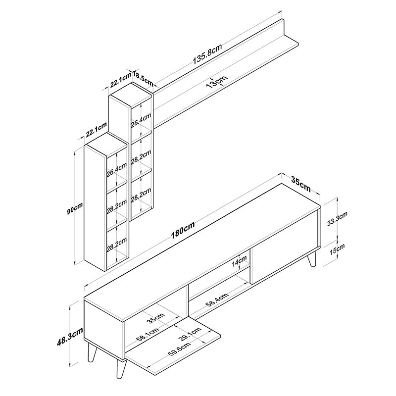 Σύνθετο σαλονιού Celty pakoworld φυσικό-λευκό 180x35x48.5εκ pakoworld