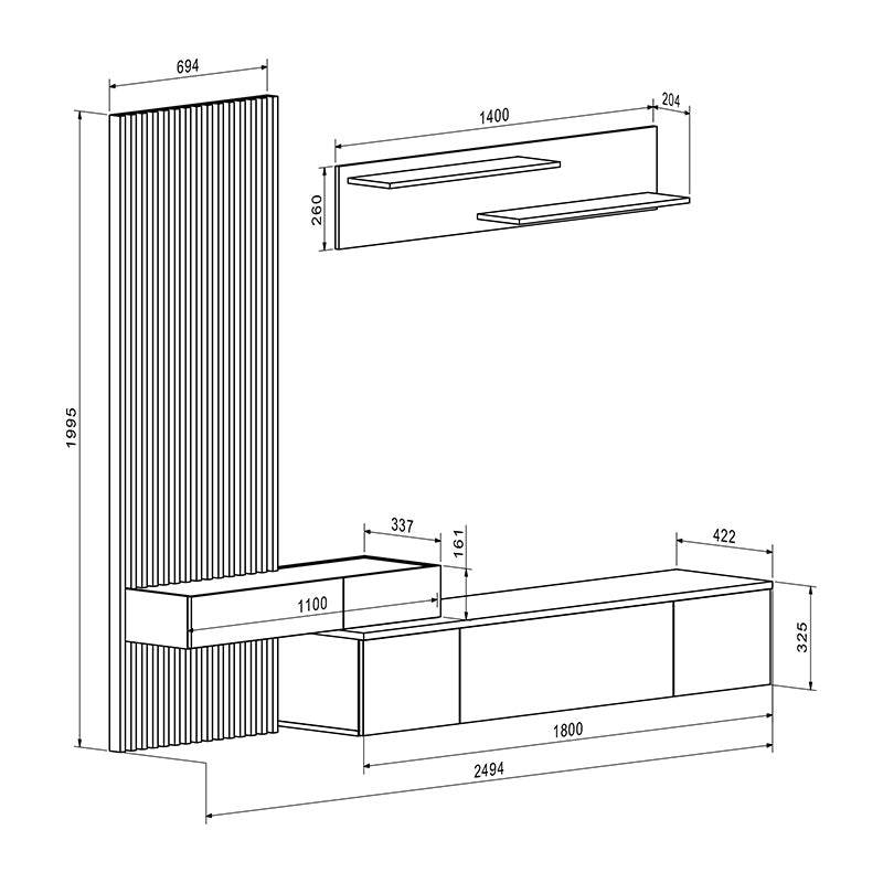 Σύνθετο σαλονιού Litende pakoworld sonoma-λευκό 249.5x42x199.5εκ pakoworld