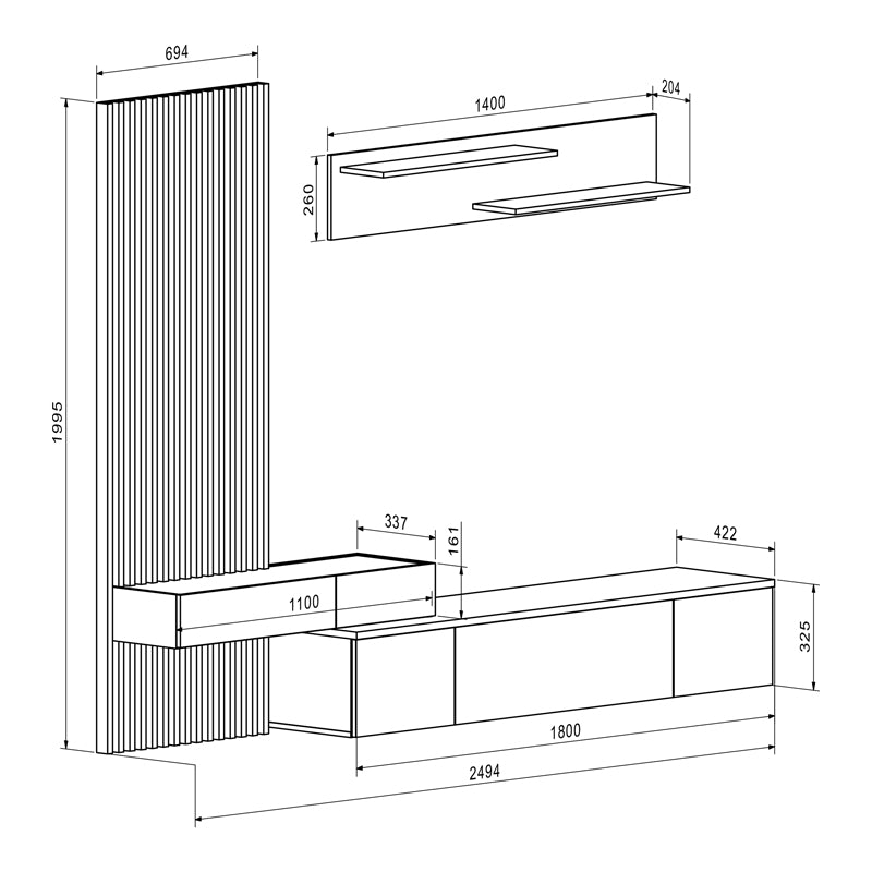 Σύνθετο σαλονιού Litende pakoworld μαύρο-sonoma μελαμίνης 249.5x42x199.5εκ pakoworld