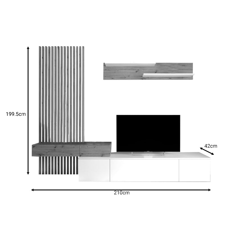 Σύνθετο σαλονιού Litende pakoworld sonoma-λευκό μελαμίνης 210x42x199.5εκ pakoworld