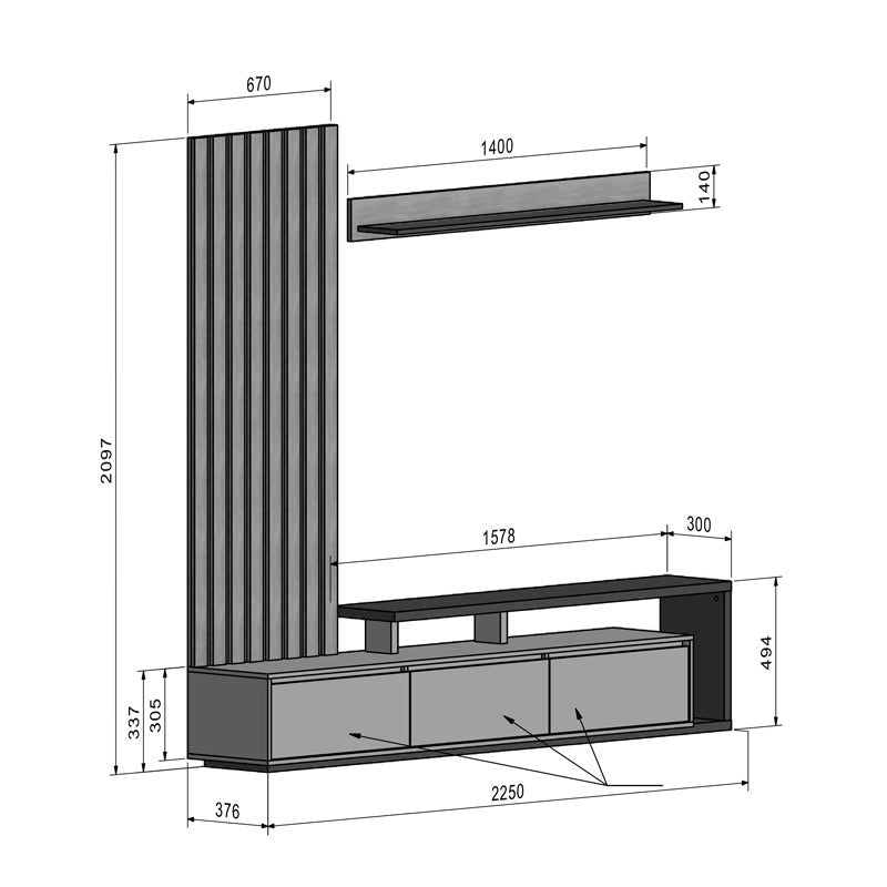 Σύνθετο σαλονιού Claironse pakoworld ανθρακί μελαμίνης 225x37.6x210εκ pakoworld