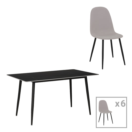 Τραπεζαρία Gustas-Bella pakoworld σετ 7τμχ γκρι με μαύρο μαρμάρου 160x80x75εκ pakoworld
