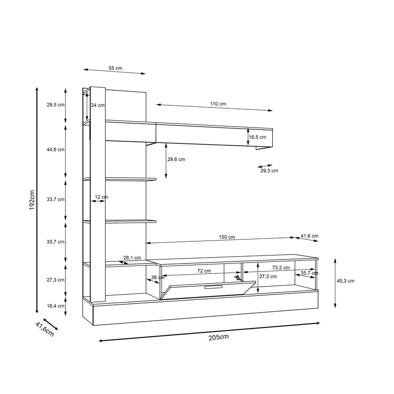 Σύνθετο σαλονιού Dranko pakoworld μαύρο-oak μελαμίνης 205x41.5x192εκ pakoworld