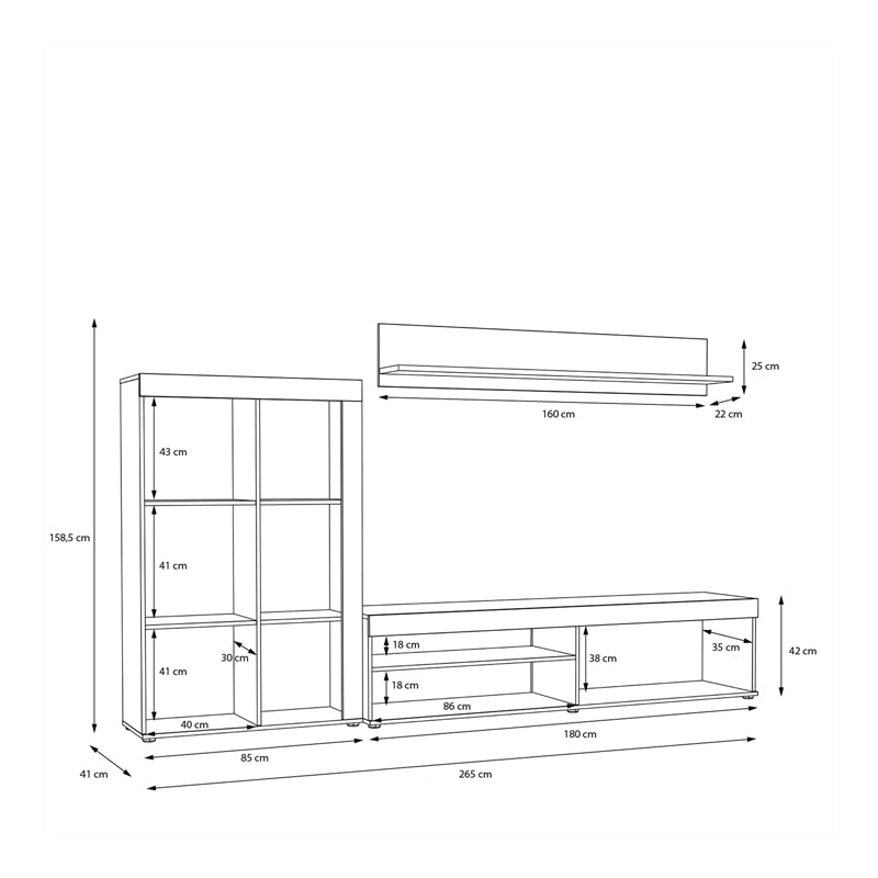 Σύνθετο σαλονιού Zorbi pakoworld λευκό-sonoma oak μελαμίνης 265x41x158.5εκ pakoworld