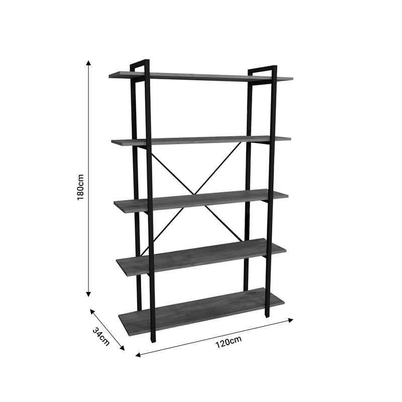 Βιβλιοθήκη Reson pakoworld oak μελαμίνης-μαύρο μέταλλο 120x34x180εκ pakoworld