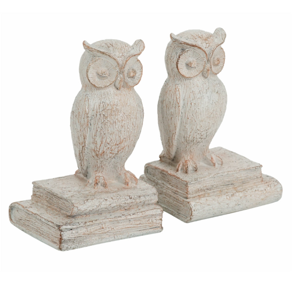 Artekko Owl Βιβλιοστάτες Κουκουβάγια Ρητίνη Λευκή Πατίνα (12x10x18)cm ARTEKKO