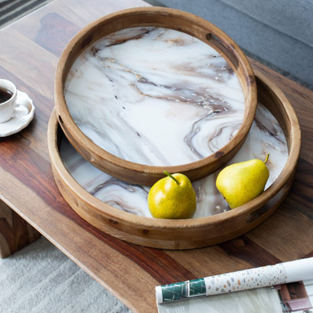 Artekko Trays Διακοσμητικός Δίσκος Ξύλινος με Εφέ Μαρμάρου Λευκό Καφέ (52x11x51)cm Σετ/2 ARTEKKO