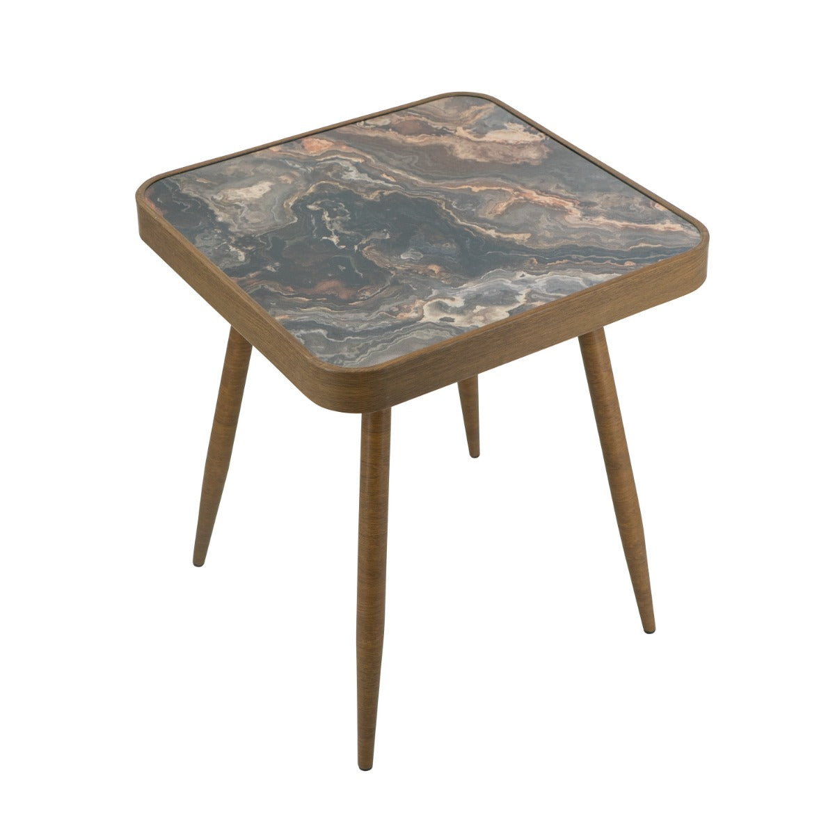 Artekko Zenn Καφέ Μεταλλικό Βοηθητικό Τραπέζι με Γυάλινη Επιφάνεια σε Εφέ Μαρμάρου (44x44x46)cm