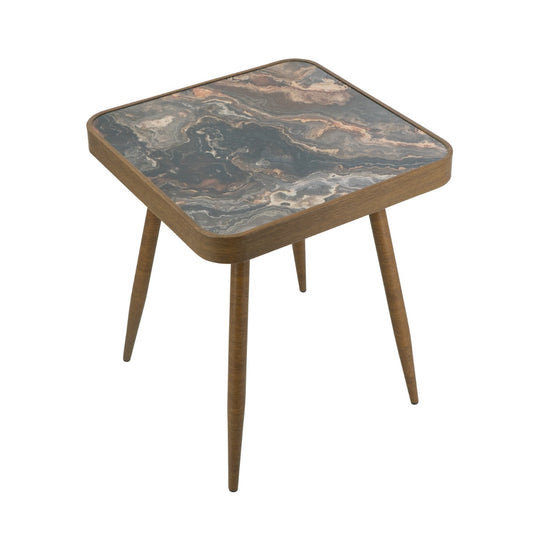 Artekko Zenn Καφέ Μεταλλικό Βοηθητικό Τραπέζι με Γυάλινη Επιφάνεια σε Εφέ Μαρμάρου (44x44x46)cm
